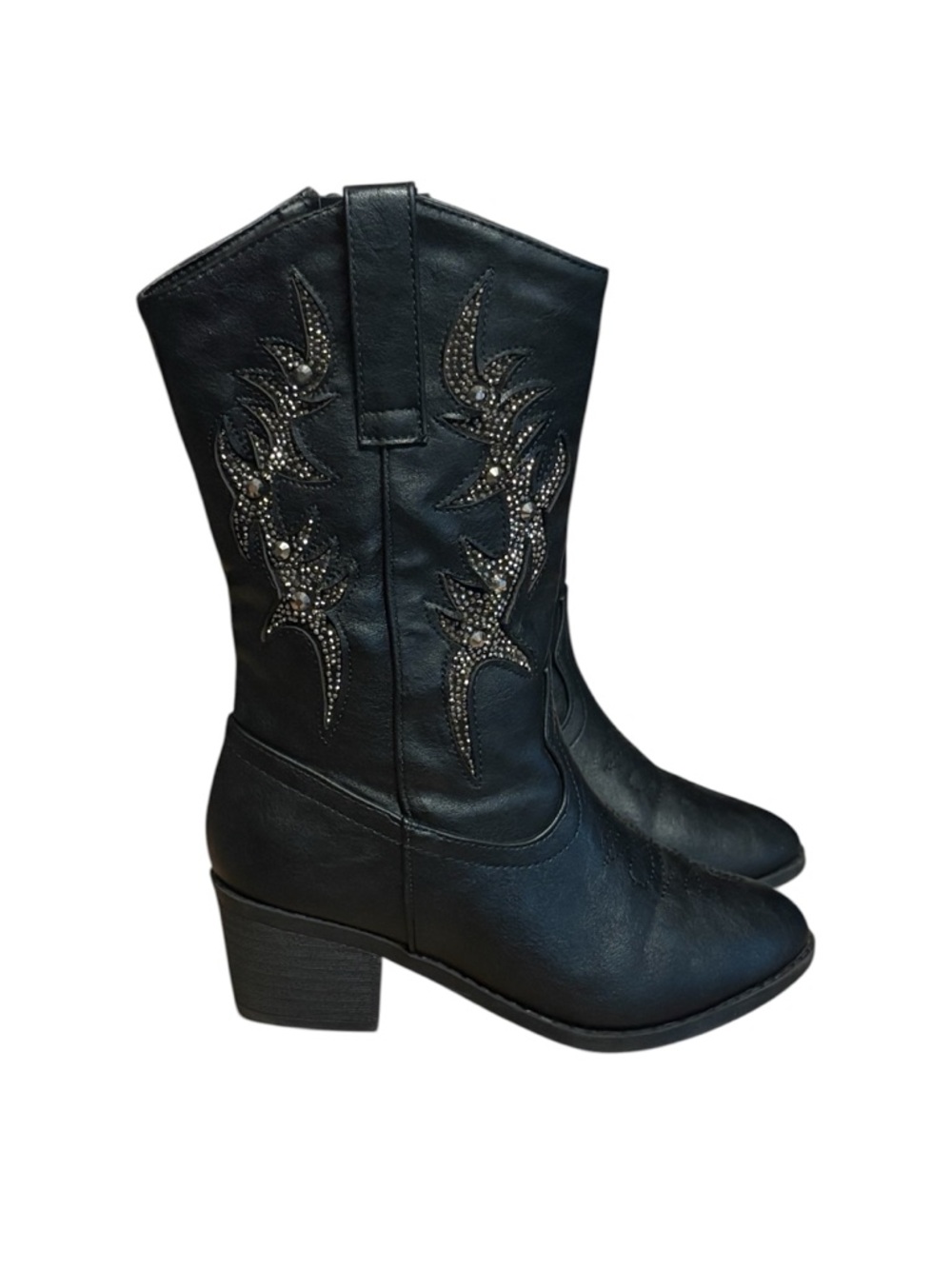 Black Western-Style Mid-Calf Heeled Boots with Stud Embellishment
